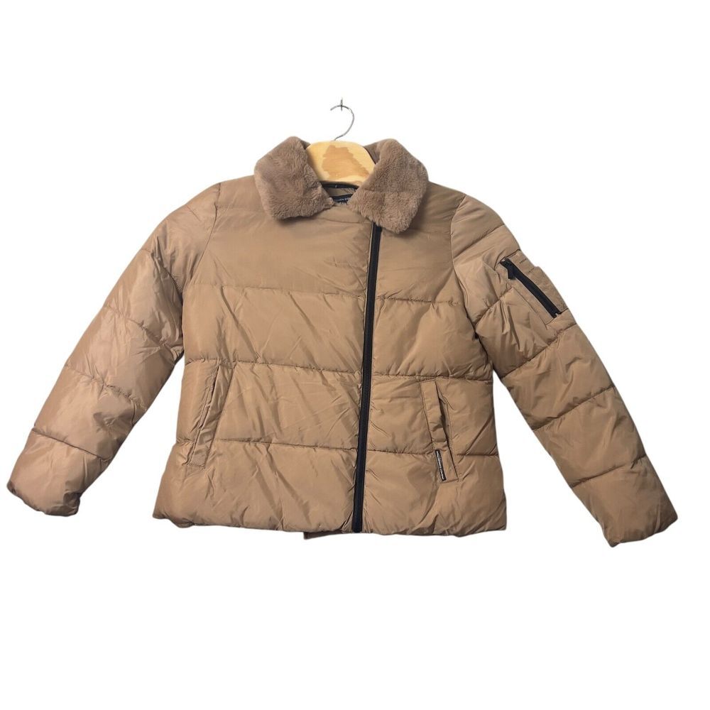 French‎ Connection Short Faux Fur Puffer Coat Size Large Camel Color Pockets NWT